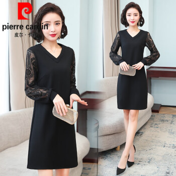 皮尔卡丹（pierre cardin）大l码胖妹妹2025春秋女装长袖蕾丝拼接韩版显瘦连衣裙中长款直筒 黑色 棉的面料舒服 适合158-170斤 4XL
