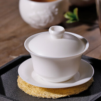 泡茶仔 德化白羊脂玉白瓷三才盖碗纯手工大号纯白色功夫茶盖碗泡茶杯