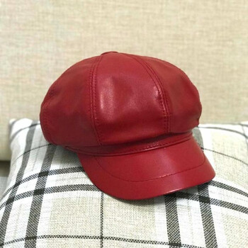 秋冬软亮羊皮红色八角帽真皮帽子大号女士优雅性感鸭舌贝雷帽 大红色
