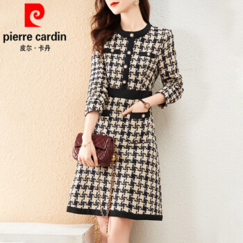 皮尔卡丹（pierre cardin）千鸟格小香风名媛气质针织连衣裙春秋新款修身显瘦百搭毛衣裙子女 图片色 S