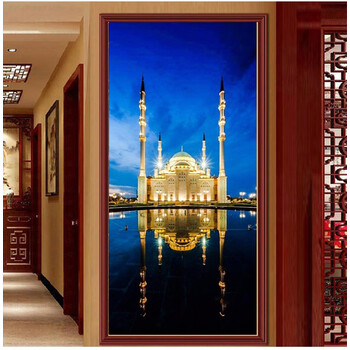 十字绣竖版清真寺夜景玄关过道装饰画点钻贴砖画钻石画满钻方圆钻