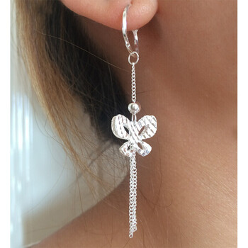 友美饰界999银转运珠耳环耳吊长款耳坠银耳圈耳坠子长款耳环立体蝴蝶