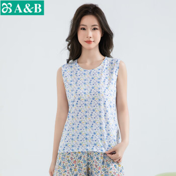 AB纯棉女中老年春夏薄款家居服睡衣妈妈背心居家宽松大码上衣S722 蓝雅【上衣】 XL