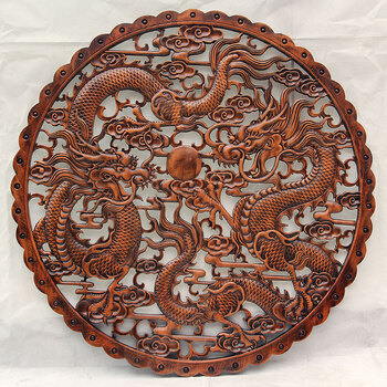 东阳木雕背景墙壁挂件香樟实木质雕刻中式仿古装饰工艺品圆形龙凤