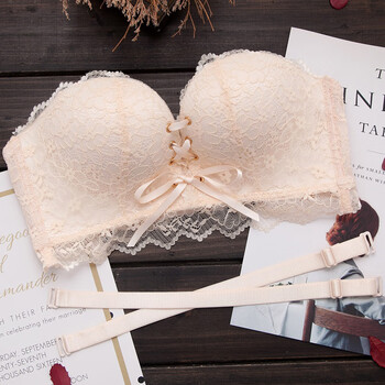 婚纱隐形无肩带内衣聚拢抹胸式半杯上托小胸一字领礼服文胸女 杏色 32