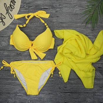 浪·沙比基尼性感大胸大胸大罩杯钢托聚拢性感三角比基尼大码系带加肥