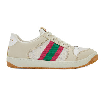 古驰 gucci 女士screener系列象牙白/奶油色皮革粉绿织带做旧效果运动