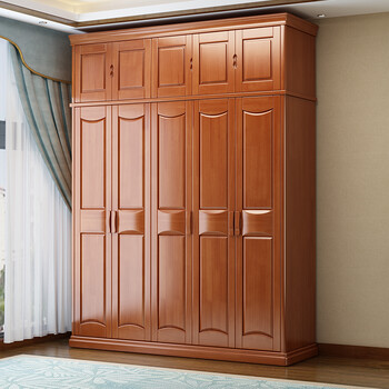 五六门衣橱平开门式板木储物收纳大衣柜卧室家具 海棠色衣柜【加顶】
