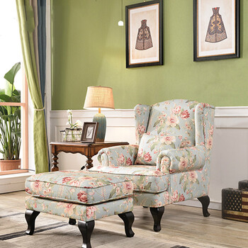 布艺田园风格沙发美式乡村布艺老虎椅复古高背椅休闲卧室书房单人沙发