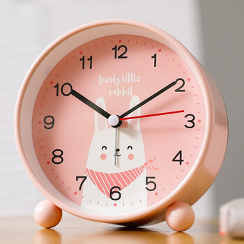 倍诗琪 儿童女孩小兔闹钟学生用桌面卡通可爱床头时钟表 粉色兔