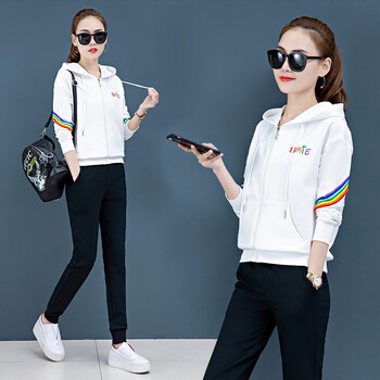 棉质跑步服休闲运动装2019新品韩版时尚女生健身服两件套运动服 白色