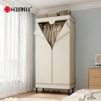 川井布衣柜卧室全封闭简易衣柜出租房衣服收纳柜加高钢架布衣橱017MS