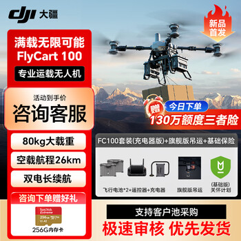大疆DJI 大型载重无人机 FlyCart100旗舰套装 80公斤【含电池*2+降落伞+旗舰双电吊运+关怀计划基础版】提货卡