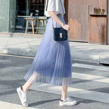 夏季半身长裙亮丝渐变质感网纱百褶裙中长款a字裙 lwqz191332 蓝色