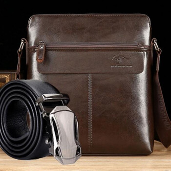 袋鼠休闲男包男款单肩包斜挎包男士皮包商务潮流竖款背包男公文包 深