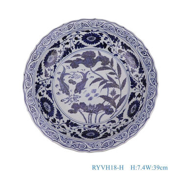 荣窑坊景德镇青花瓷大码水煮鱼碗荷花鱼花边大圆盘大汤碗商用大盆碗 RYVH18-H高7.4直径39cm
