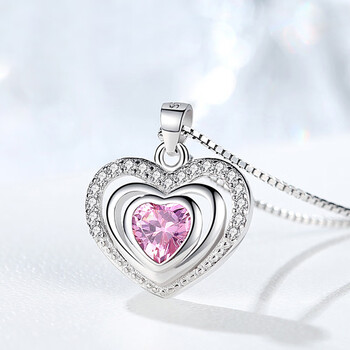 千百意 项链女925纯银锁骨链爱心形吊坠首饰品送女朋友生日礼物 粉色