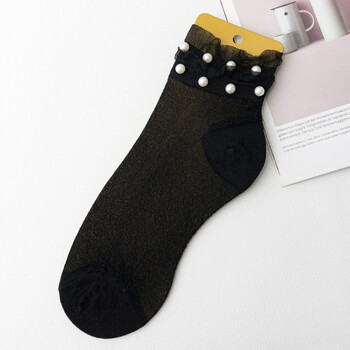 珍珠丝袜韩国花边珠光水晶短袜时尚铆钉银葱网红韩版潮袜女 纯黑色 35