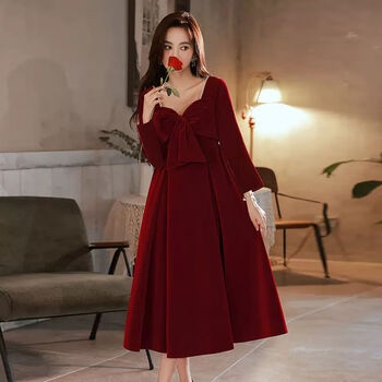 敬酒服新娘结婚遮肚子大码胖订婚礼服裙女酒红色连衣裙冬季酒红色l