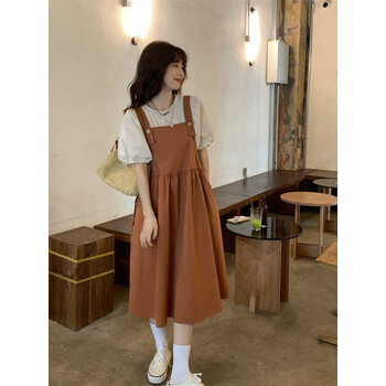 15初中学生13女大童日系长裙杏色上衣焦糖色背带裙套装s建议8090斤