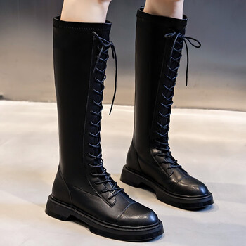 索梵图马丁靴女时尚骑士靴2022秋季新款百搭牛皮长筒女靴高筒不过膝