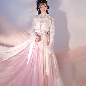 汉服女古装齐腰长裙齐胸襦裙传统超仙大摆裙演出服 齐腰蓝紫 上衣