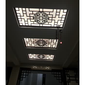 东阳木雕新中式过道走廊客厅吊顶花格镂空实木雕花板玄关灯池灯罩
