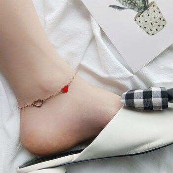 韩版时尚个性简女款铃铛脚踝森系镀18k玫瑰金性感钛钢脚链 红胶桃心