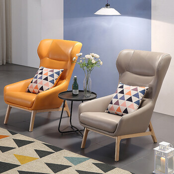 椅北欧单人沙发椅现代实木卧室客厅真皮休闲凳高背老虎椅家用飞机座