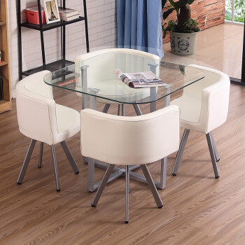 泰多斯（taiduosi）  现代简约洽谈桌椅组合钢化玻璃办公会客接待休闲餐桌椅组合 白色皮椅+90透明方桌
