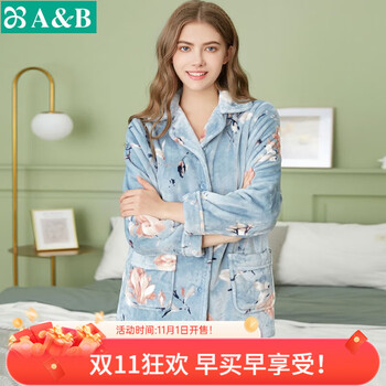 AB内衣睡衣男女款家居服翻领开门襟加绒长袖长裤情侣珊瑚绒套装 蓝色（女） XL