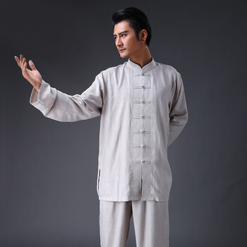 陈家沟亚麻太极服男款长袖天麻中老年太极拳服装棉麻练功服春秋款