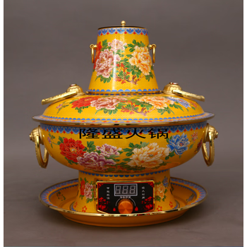 铜锅家用涮肉火锅新景泰蓝 32厘米黄底牡丹鸳鸯锅(3-5人)【图片 价格