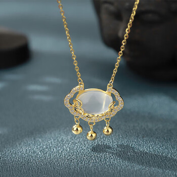 周大福s925银玉如意平安锁项链女款白玉髓吊坠流苏锁骨链 平安锁 925