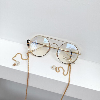 2019网红范智乔同款眼镜框复古潮珍珠链条ins眼镜女带链子平光镜 金框