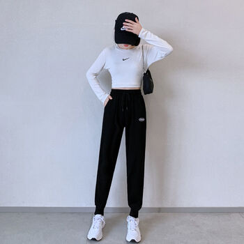 drbox灰色运动裤春夏薄款束脚休闲裤女韩版2022新款卫裤宽松显瘦哈伦