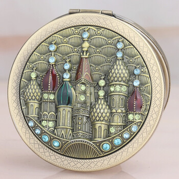 俄罗斯迷你随身双面化妆镜折叠便携小镜子复古可爱小号圆镜男女 城堡