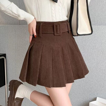 百褶裙带安全灯芯绒半身裙女秋冬高腰显瘦设计感百搭皮短裙子咖啡色送