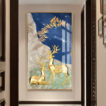 壁画轻奢北欧风格挂画晶瓷画面铝合金外框单幅金属画麋鹿 祥瑞金鹿