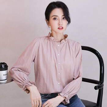 古地斯木耳领纯棉长袖白色衬衫女秋季白衬衣立领打底宽松上衣春秋kfg