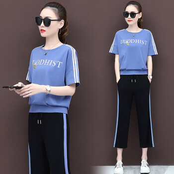 【京东特惠购】夏天休闲运动服套装女2019新款韩版圆领短袖阔腿九分裤