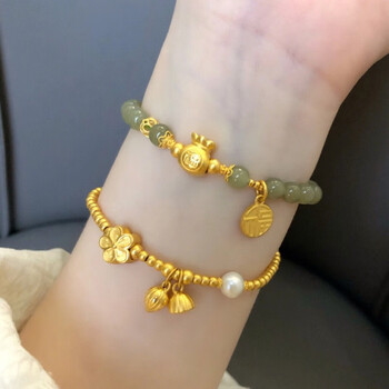 【顺丰速运】海上罗孚999足金福袋小桃花和田玉手链女士新款黄金福牌