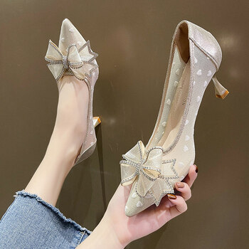 百丽belle蝴蝶结法式高跟鞋女细跟凉鞋2022年夏季新款百搭蕾丝尖头