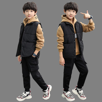 月菲瑶童装男童秋冬季加绒套装新款酷帅9男大童加厚马甲三件套洋气12