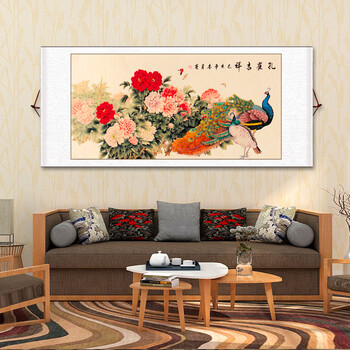办公室背景装饰画挂画花鸟装裱卷轴横版 孔雀吉祥 装裱后尺寸165*70cm