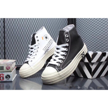 现货匡威 off white 联名款帆布鞋ow联名男女鞋高帮拼色黑白休闲板鞋