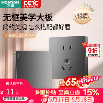 鸿雁X5开关插座86型斜五孔暗装面板单双控空调厨房防水全屋 X5灰色 正五孔插座