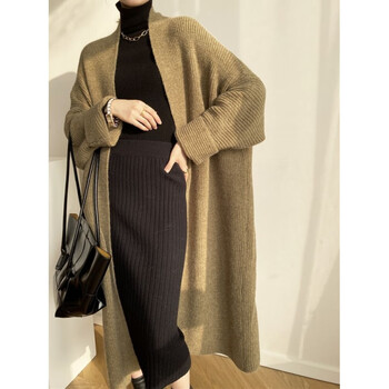 网红韩版气质大毛衣外套女秋季ins宽松装开衫过膝长款针织衫 卡其色