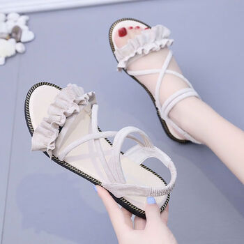 檀典凉鞋女学生韩版公主鞋百搭凉鞋女中学生凉鞋平底ins米白色35