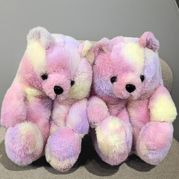 泰迪熊拖鞋可爱小熊鞋超大熊熊室内家居鞋冬毛绒毛窝子 彩色泰迪棉鞋